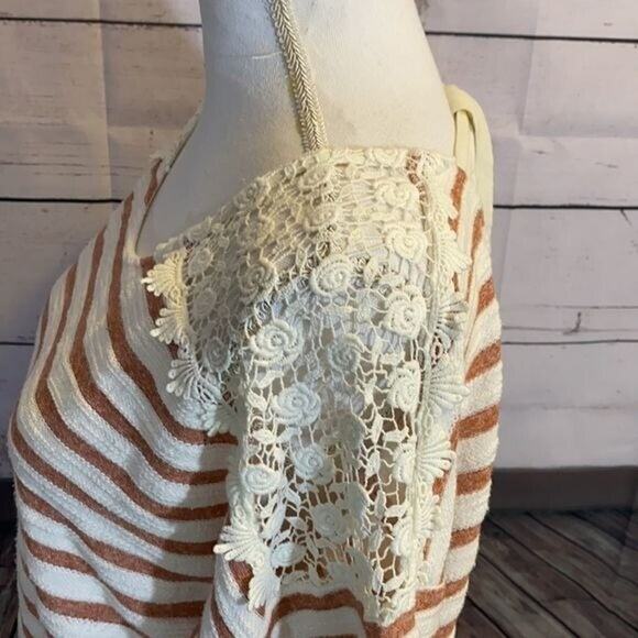 Doe Rae Shirt Womens Large Ivory Orange Striped Lace Boho Boxy Rayon Textured - Picture 6 of 12